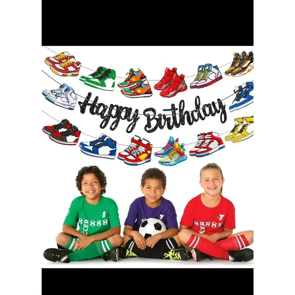 Glitter Black Sneaker Happy Birthday Banners 3Pcs Sports Shoes Theme Party De...
